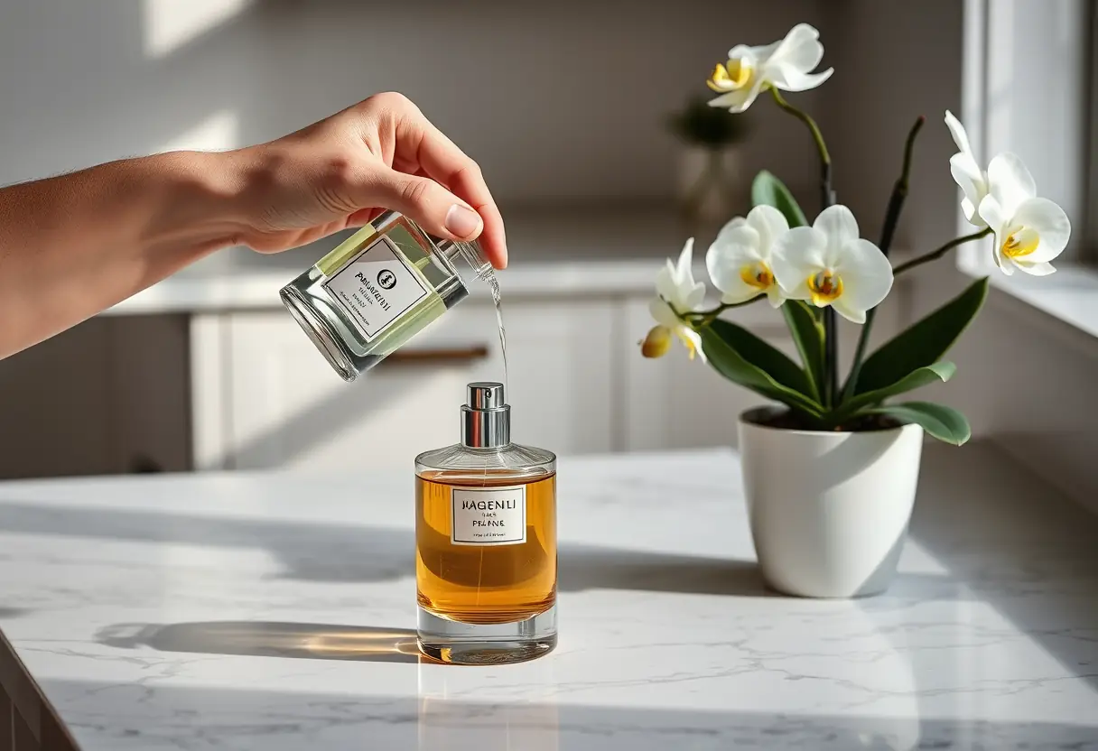 Une main versant un flacon de parfum dans un décanter en verre sur un plan de travail en marbre près d'une plante d'orchidée en pot
