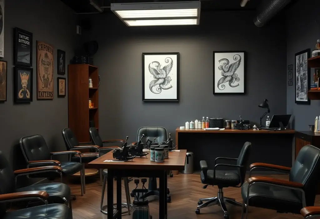Un studio de tatouage avec des chaises et une table couverte de matériel