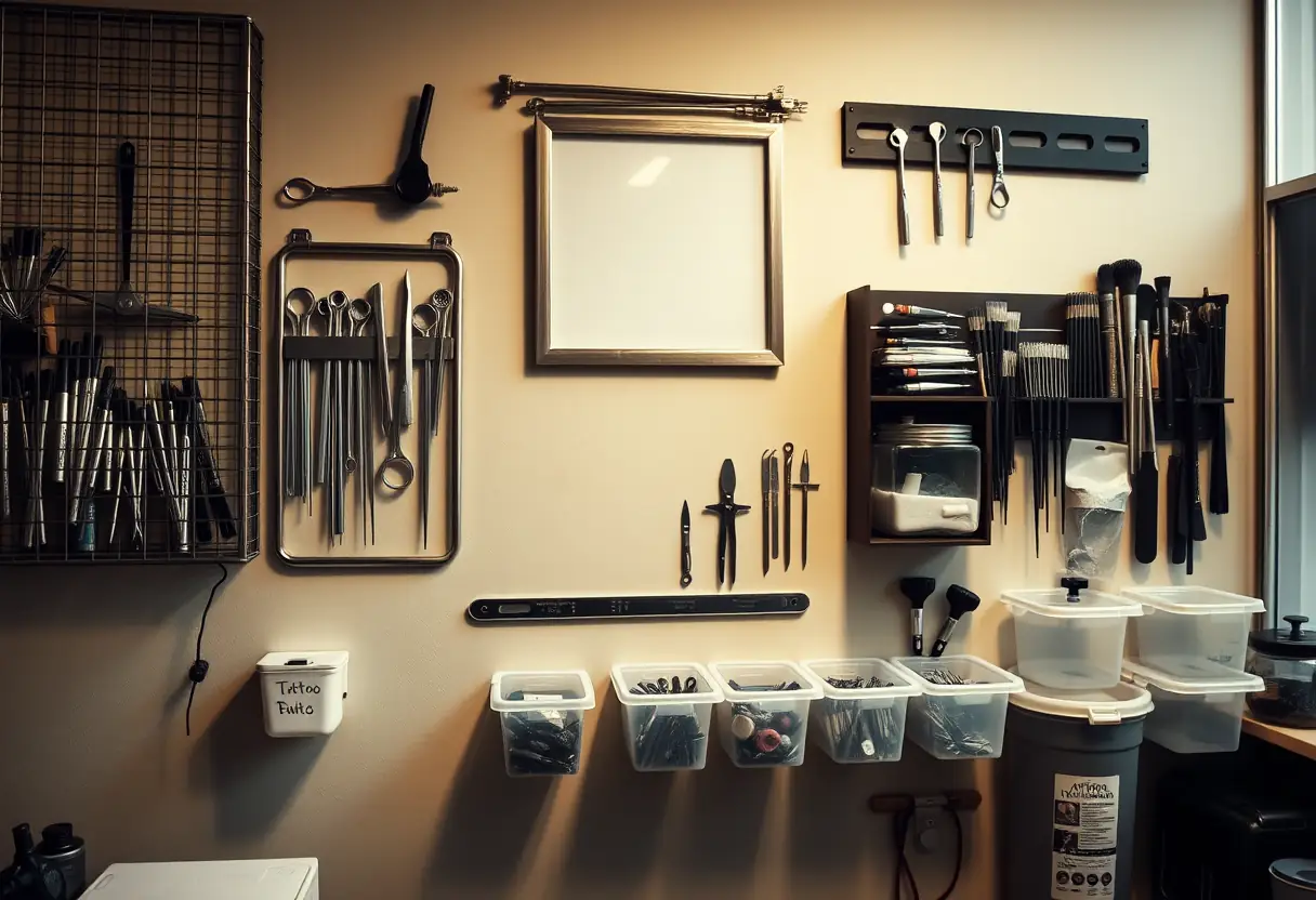 Un mur d’un salon de tatouage présentant divers outils et équipements professionnels