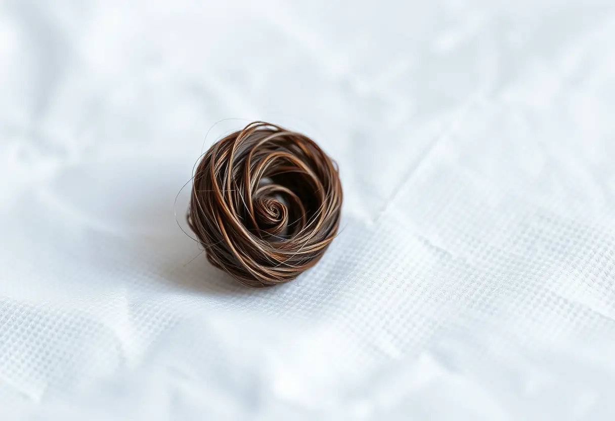 Un cheveu afro enroulé sur un tissu blanc, mettant en valeur sa structure en spirale.