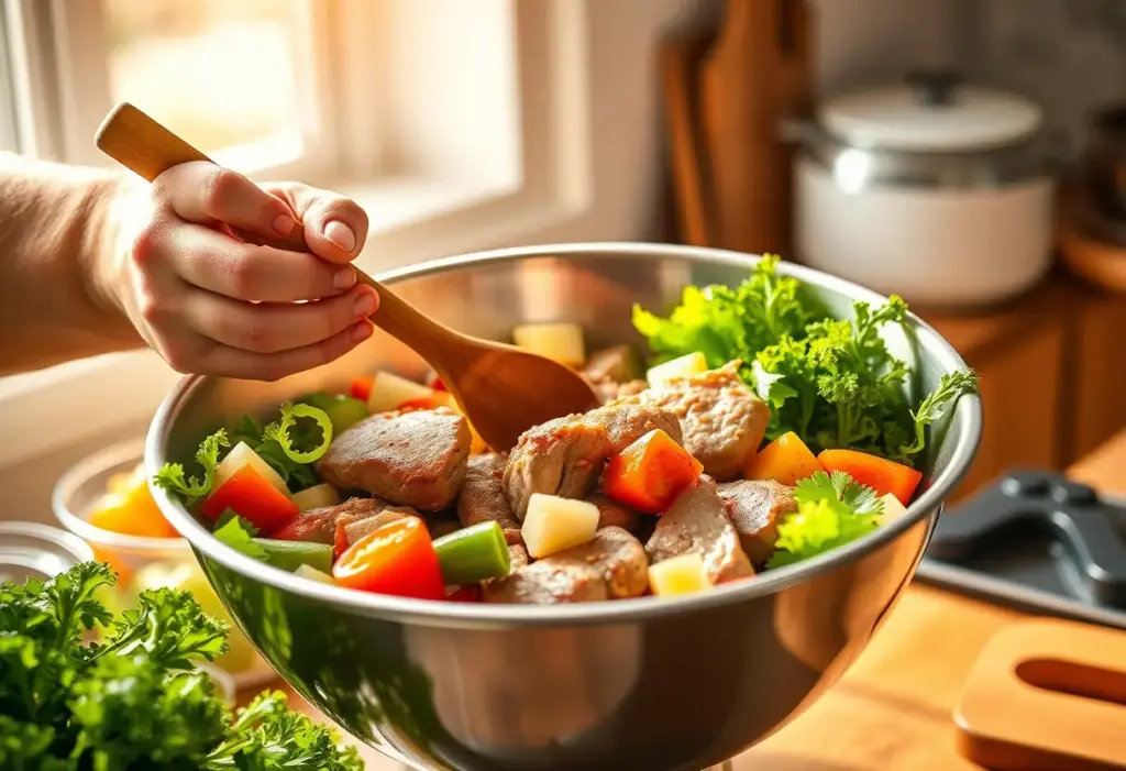Une main qui mélange des légumes et de la viande dans une grande casserole, pour une alimentation équilibrée.
