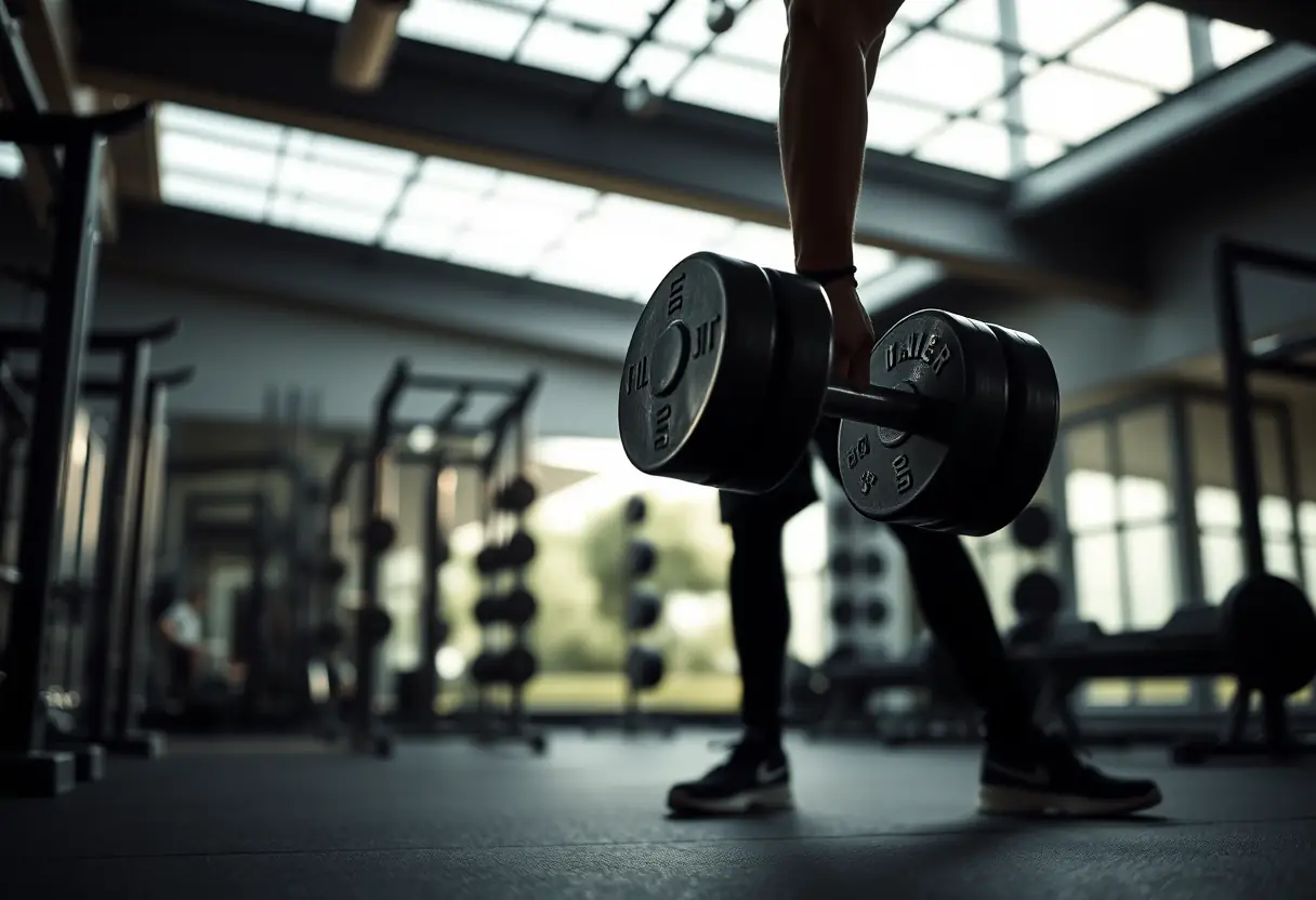 Un silhouetté qui soulève des poids dans une salle de gym, se concentrant sur son entraînement de musculation.