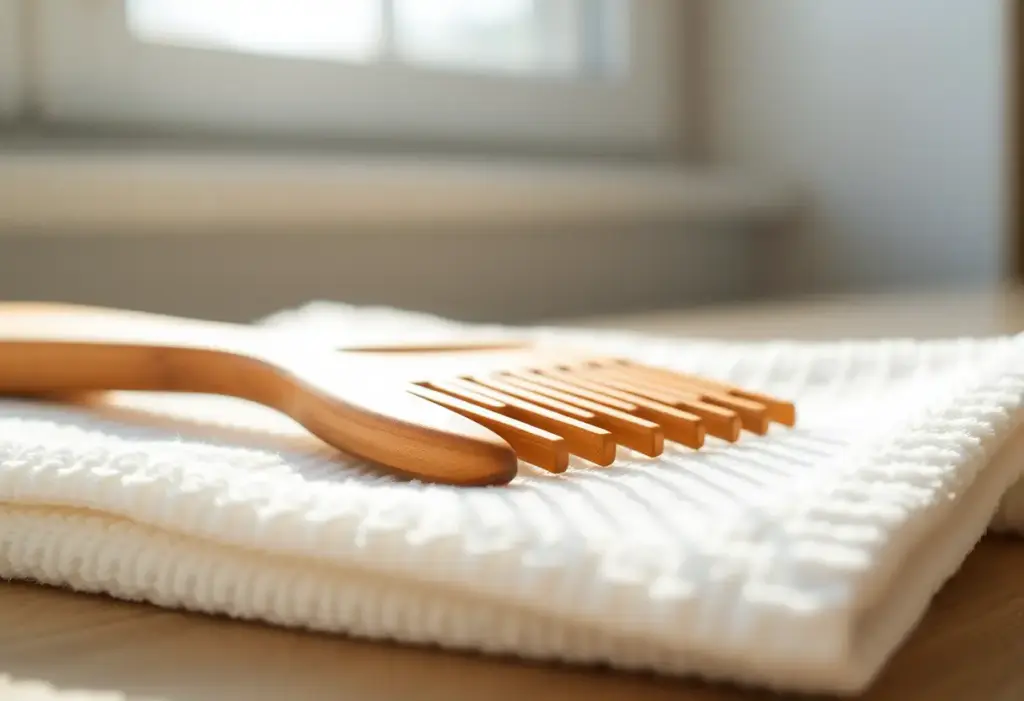Un peigne en bois posé sur un linge blanc sous la lumière du jour, dans le contexte de la perte de cheveux masculine.