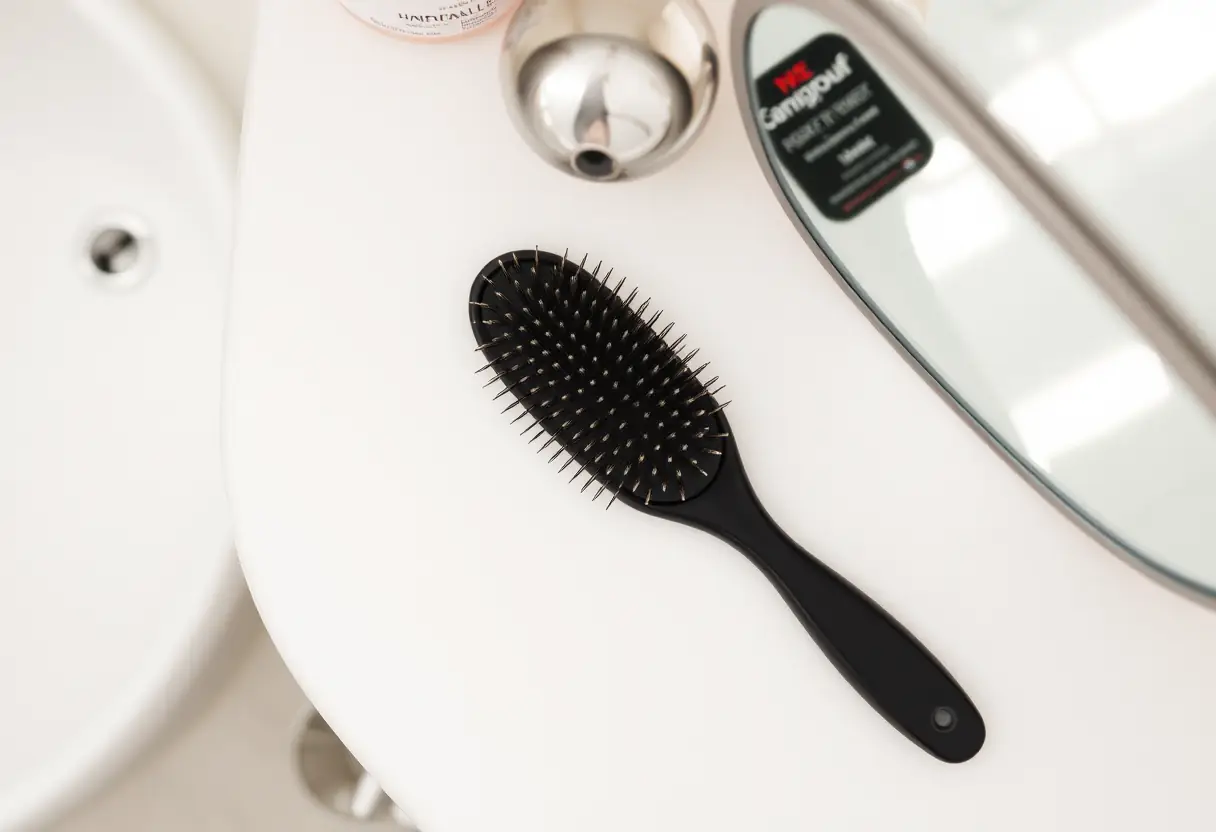 Un peigne à cheveux posé sur un meuble de salle de bain, près d'un miroir reflétant la lumière naturelle, dans le cadre de la lutte contre la calvitie masculine.
