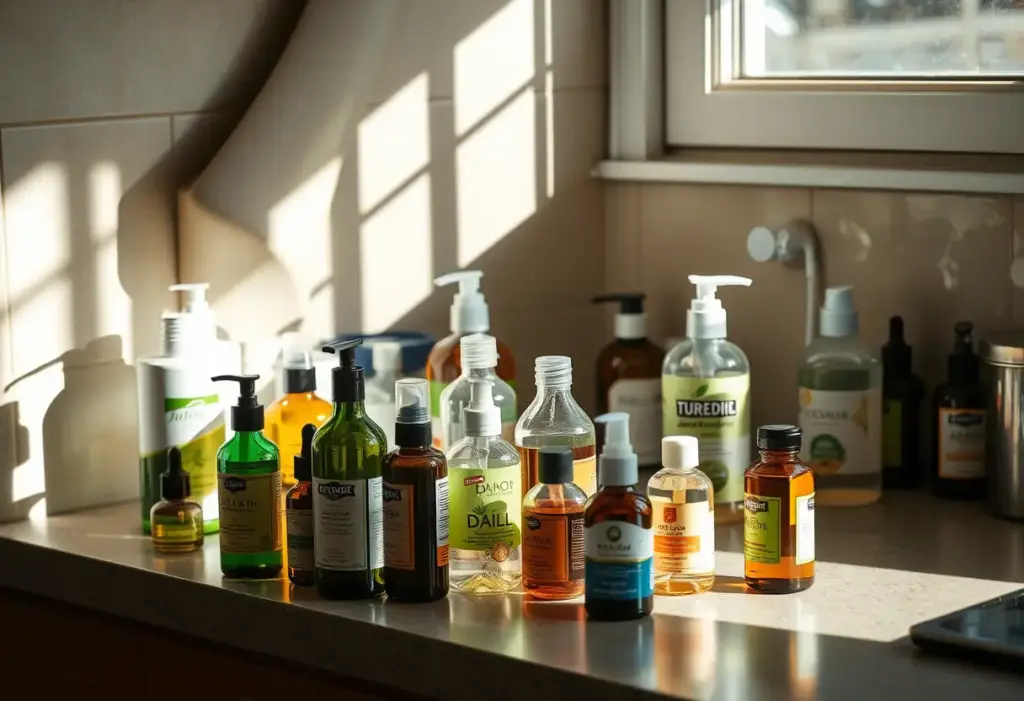 Sur un comptoir de cuisine, des bouteilles et des pots contiennent divers soins capillaires.