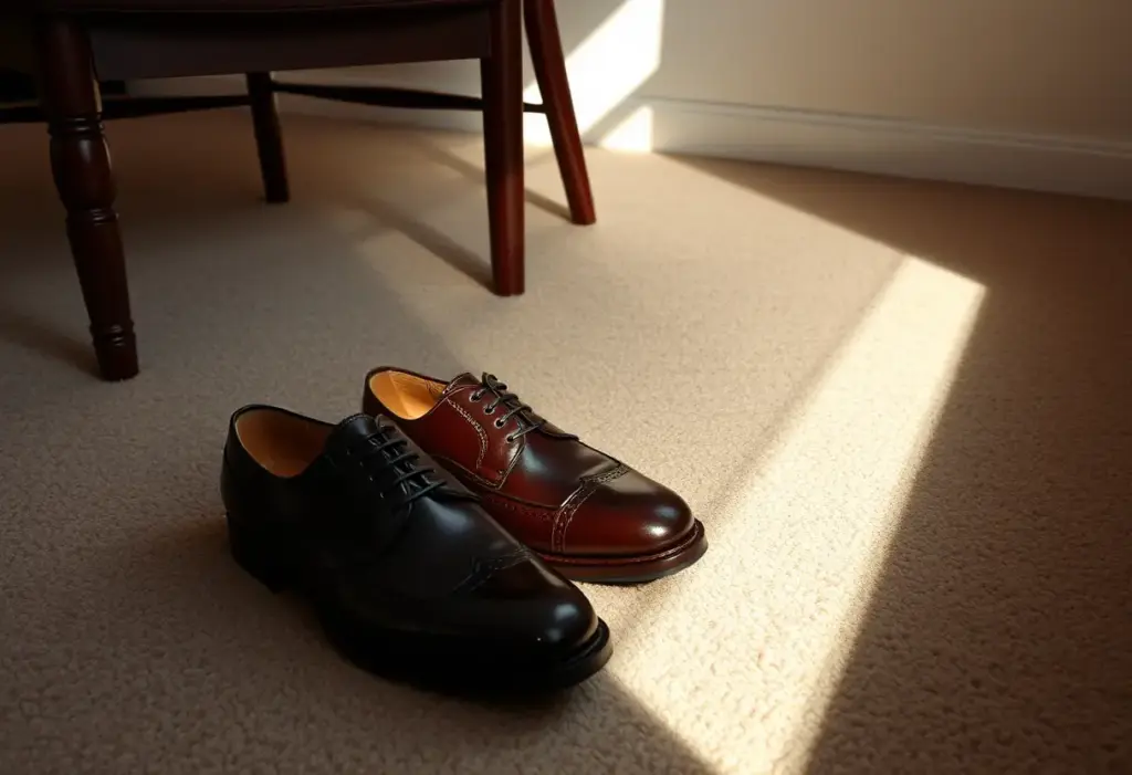 Des chaussures en cuir brillamment polies posées sur un tapis dans un salon