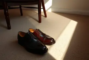 Des chaussures en cuir brillamment polies posées sur un tapis dans un salon