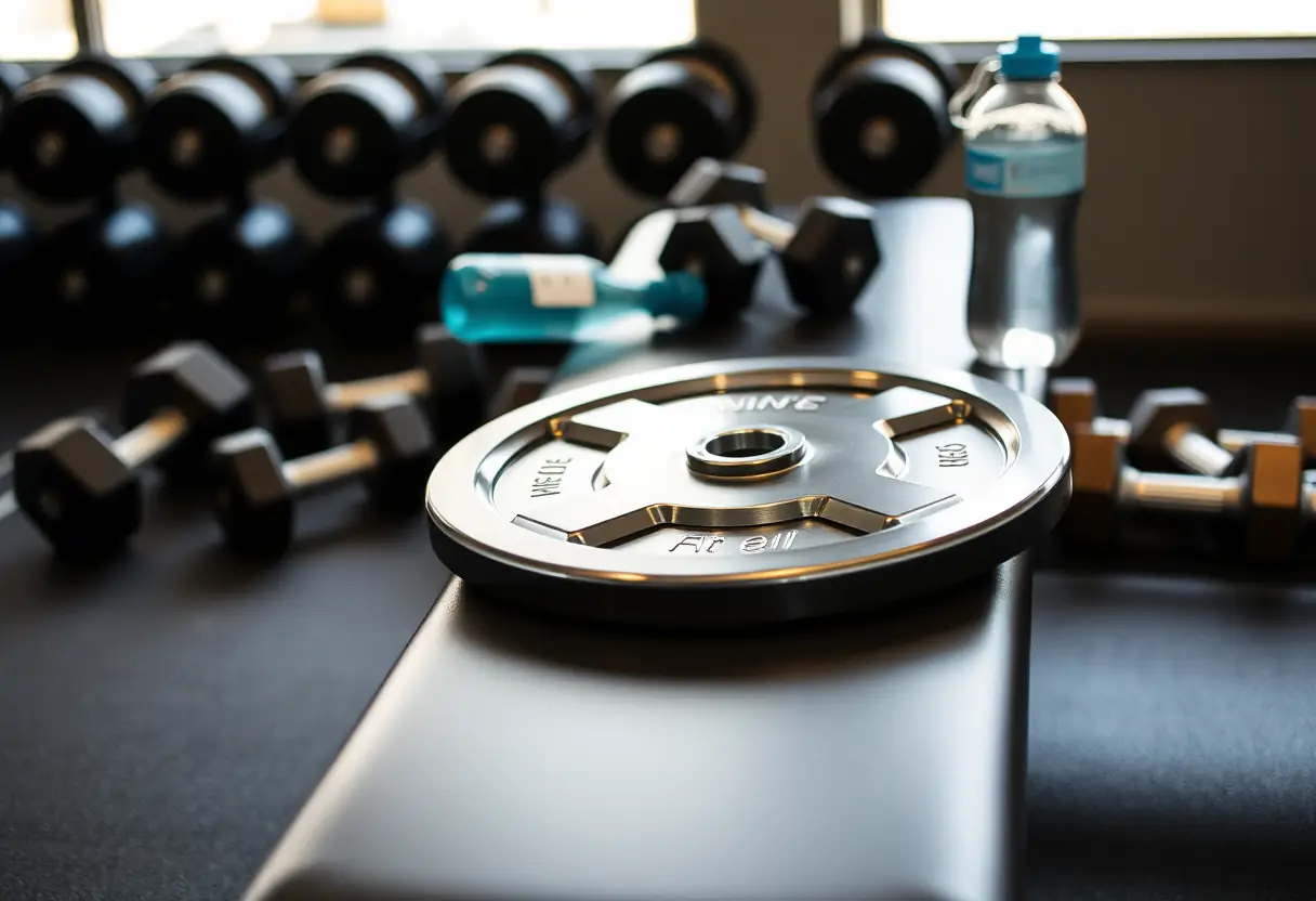 Un poids de haltère sur un banc de gym, entouré d'accessoires de fitness