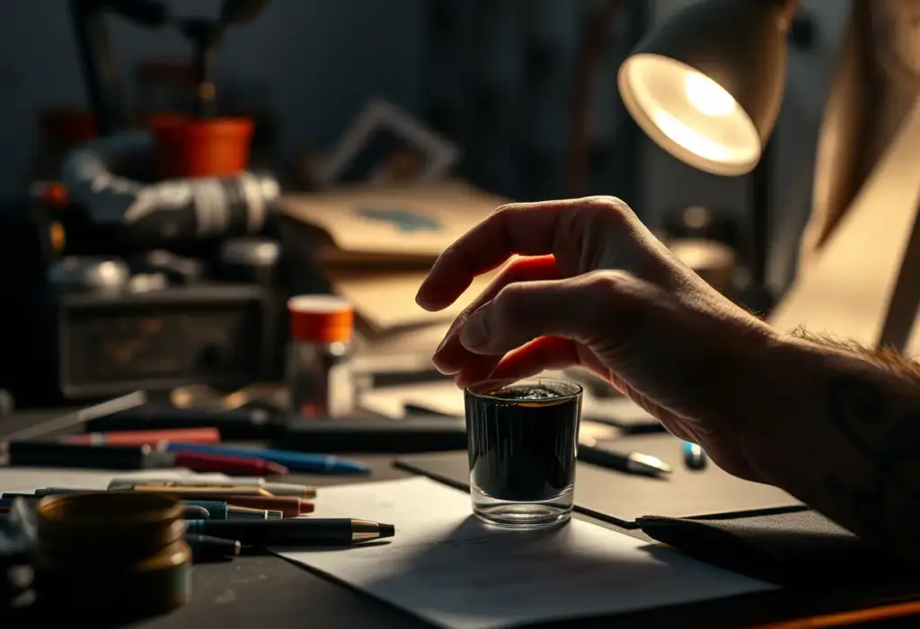 Main de tatoueur tenant un verre d'encre noire sur un bureau