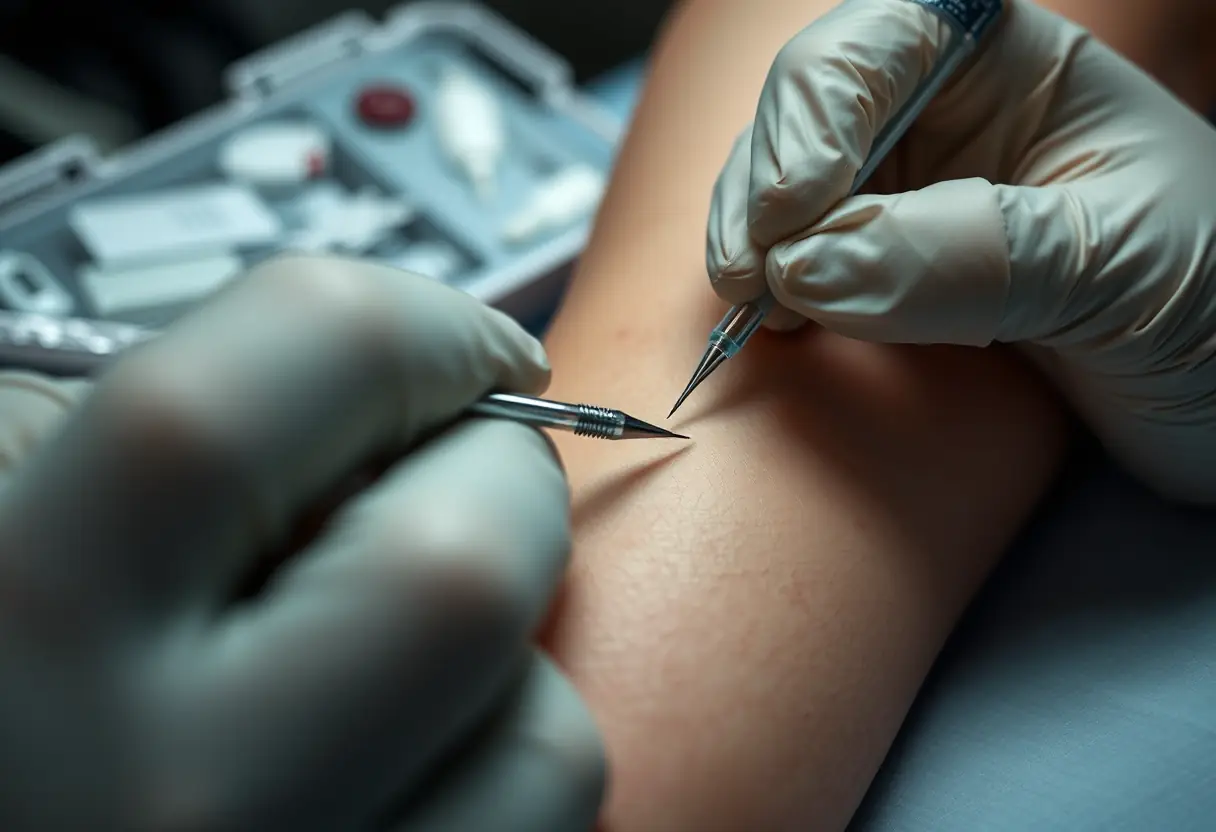 Un aiguille de tatouage pénètre la peau entourée d'un kit stérile et de gants médicaux lors de la première marque