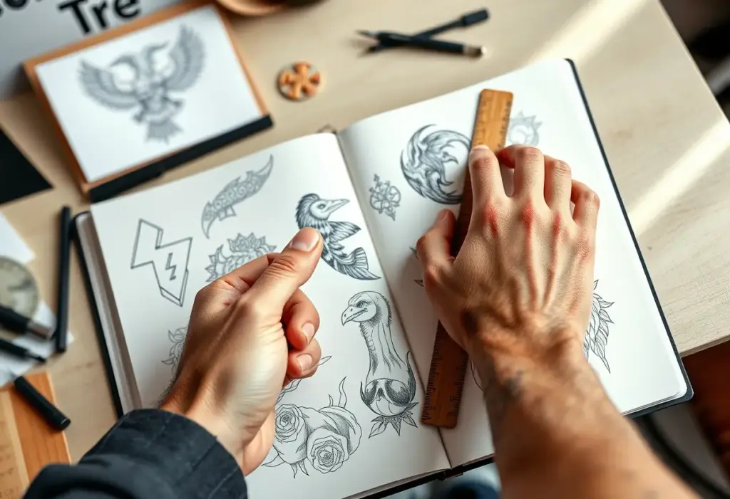 Main de l'homme tenant un règle en bois près d'un cahier de croquis rempli de dessins de tatouages.