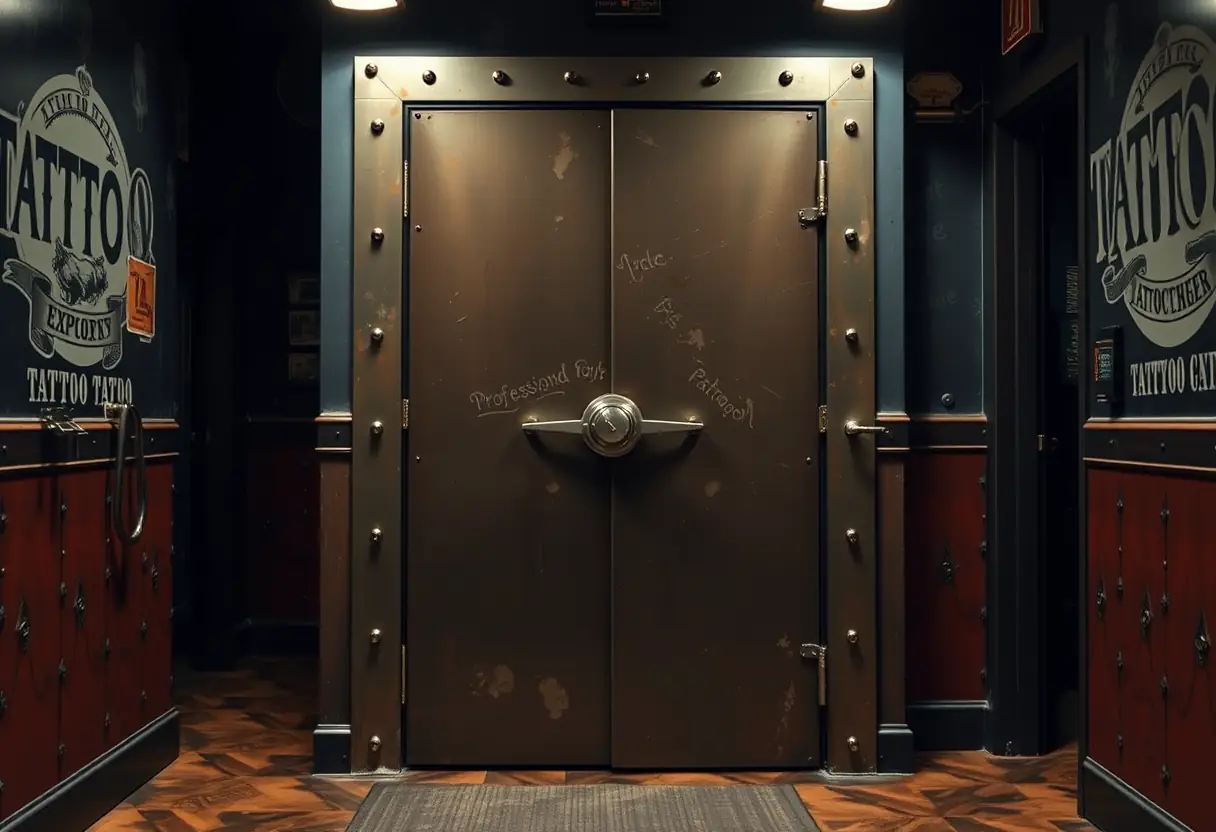Porte métallique avec cadenas dans un couloir sombre d'un salon de tatouage professionnel.