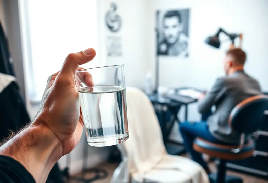 Une main verse de l'eau près d'un fauteuil couvert, dans un studio éclairé, contexte tatouage.