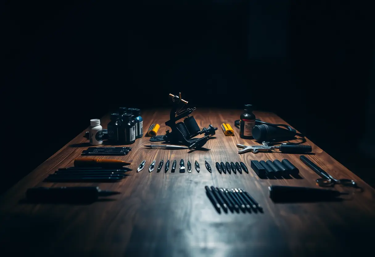 Un bureau de tatoueur éclairé par la lumière tamisée, avec ses outils disposés.