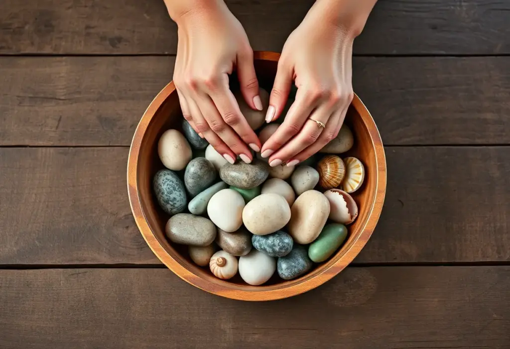 Des pierres et des coquillages disposés dans un bol sur une table rustique