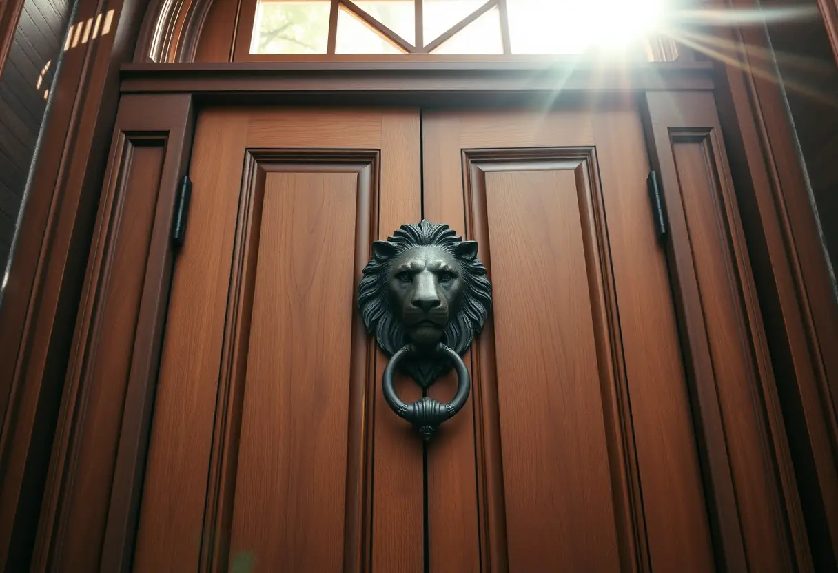 Porte en bois avec poignée en forme de tête de lion dans un studio de tatouage