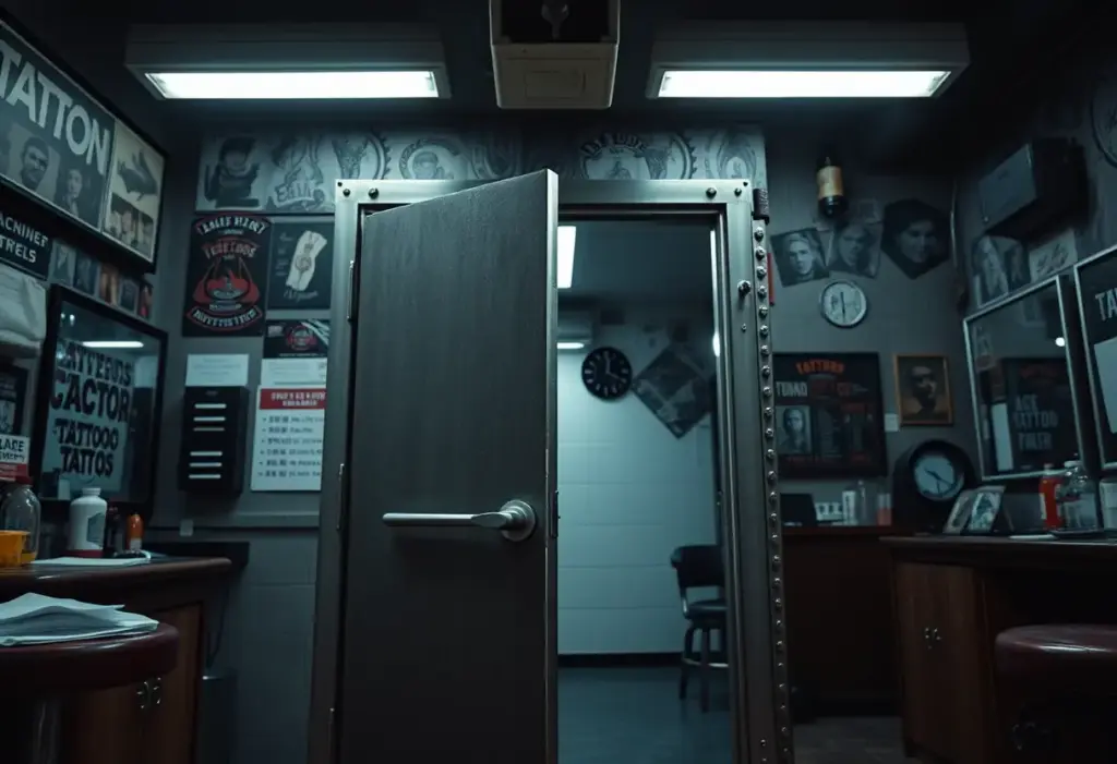 Une porte métallique ouverte dans un fond de studio de tatouage, éclairée par des néons