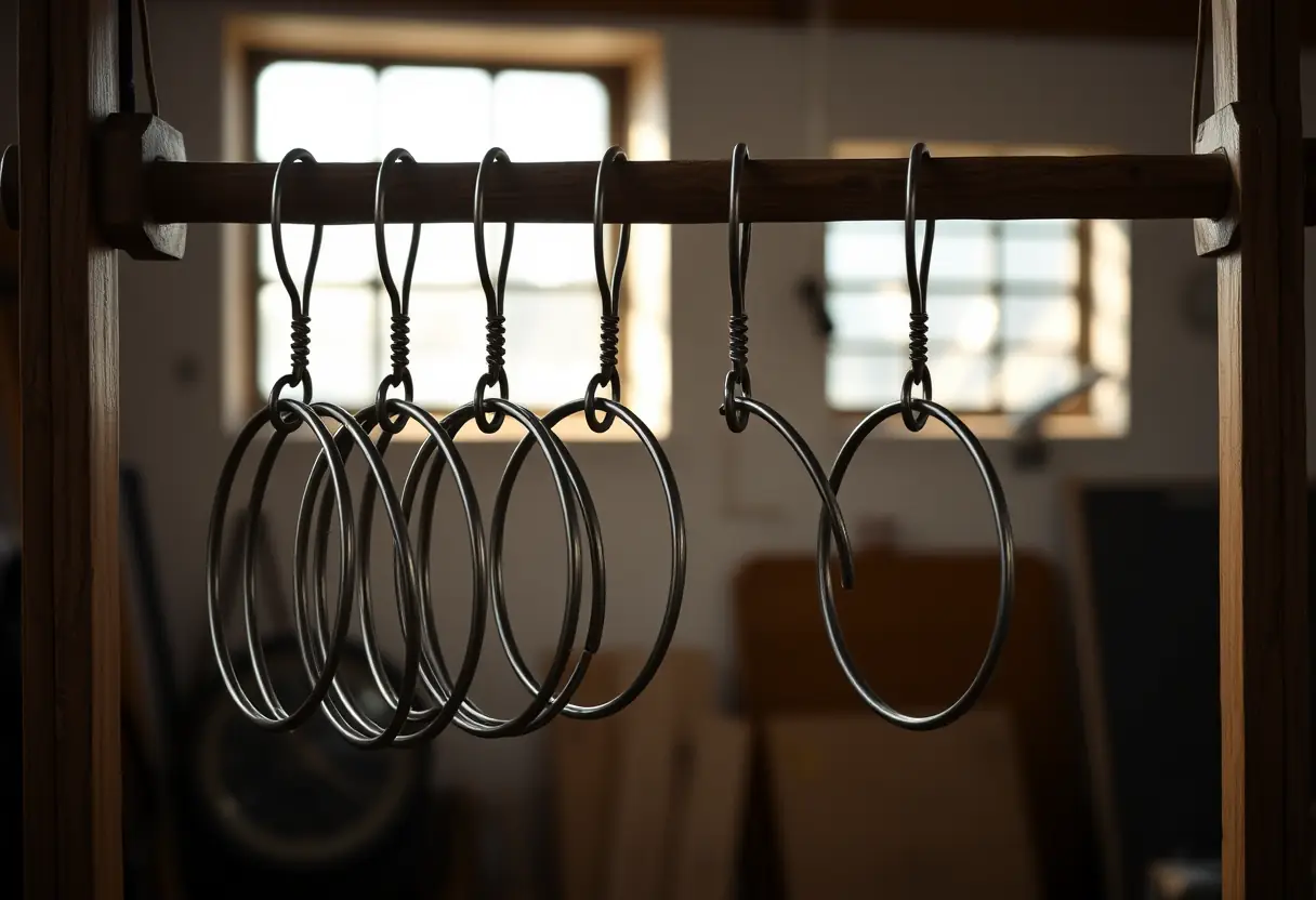 Des anneaux métalliques pendent d'un support en bois dans un studio