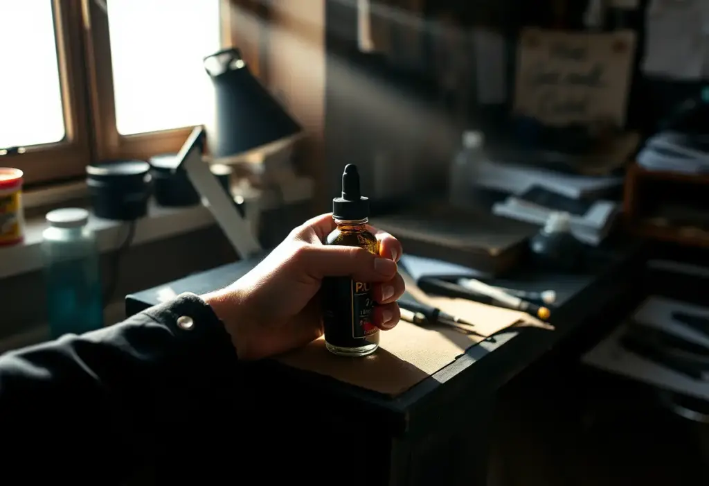 Une main posée sur une bouteille d’encre sur un bureau, éclairée par la lumière du jour, lien avec l'art du tatouage