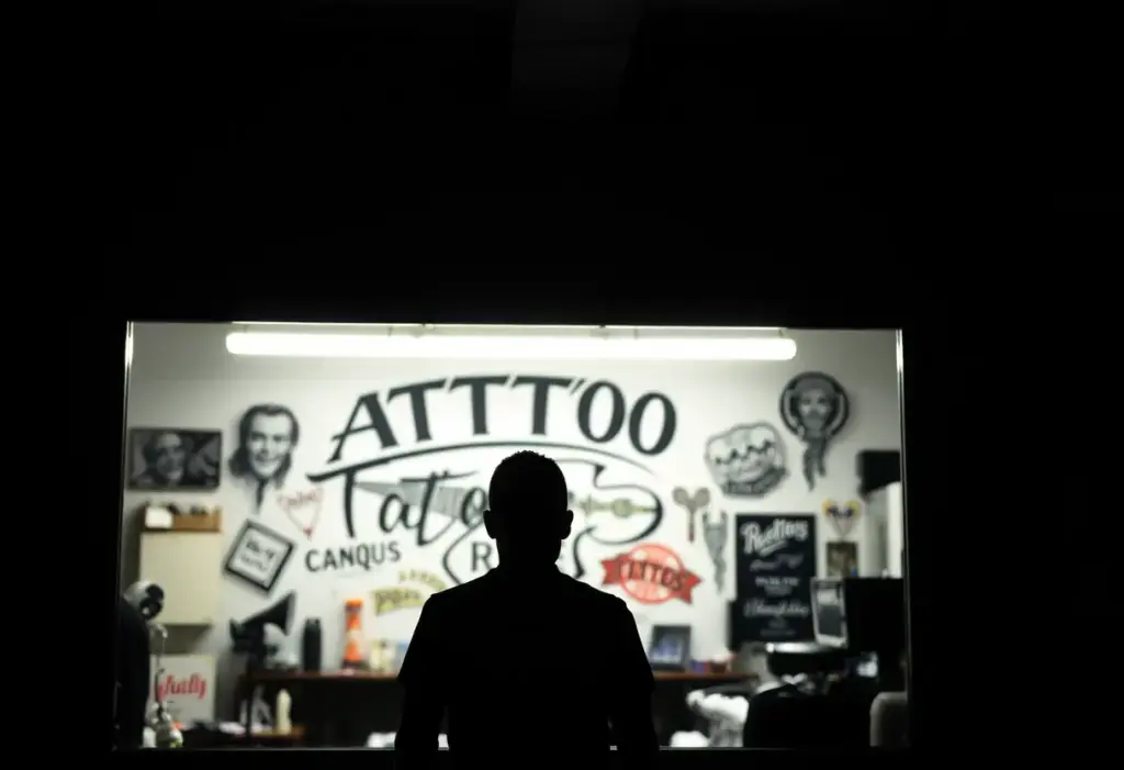 Une silhouette observe son reflet dans un miroir d'un studio de tatouage, entouré d'œuvres et d'outils