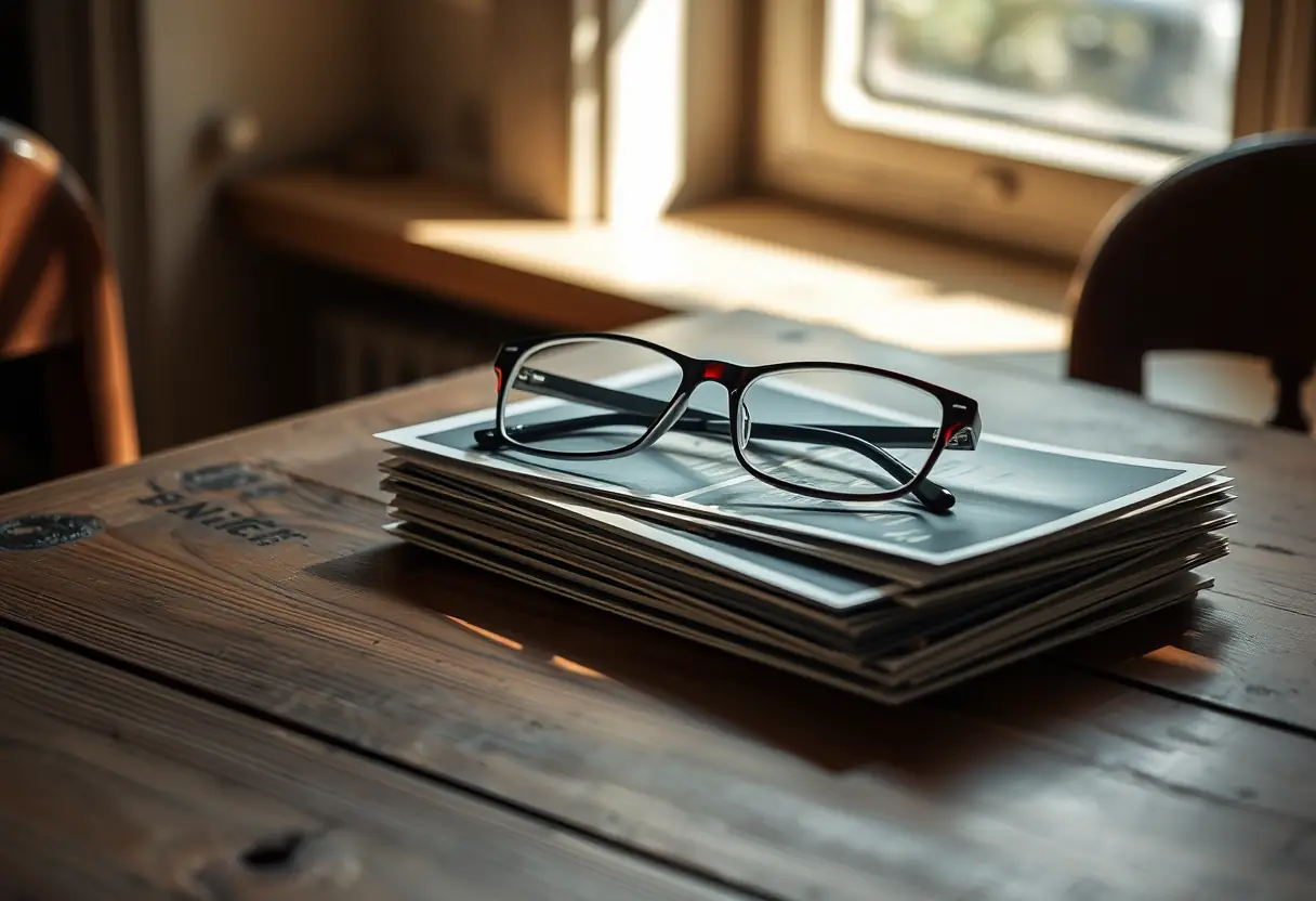 Une paire de lunettes posée sur une pile de photos anciennes sur une table en bois ancien.