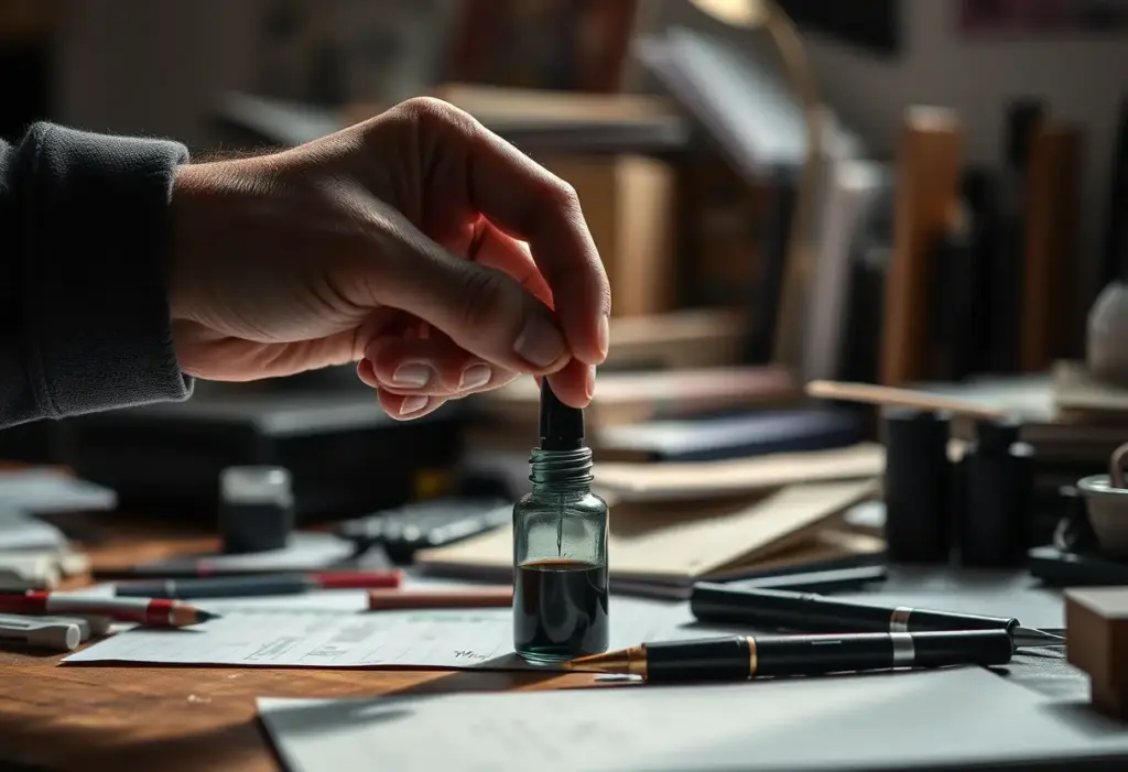 Une main posée sur une petite bouteille d’encre noire sur un bureau
