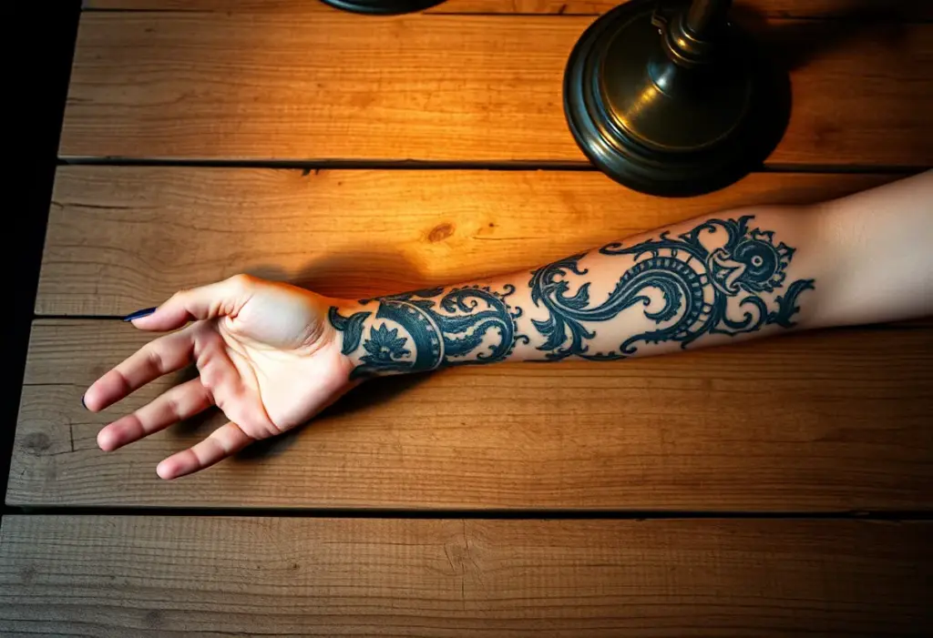 Bras tatoué reposant sur une table en bois avec des motifs complexes