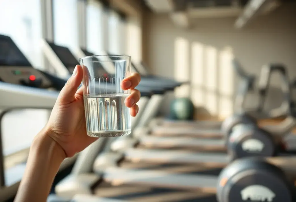 Une main tenant un verre d'eau près d'un tapis de course, contexte fitness