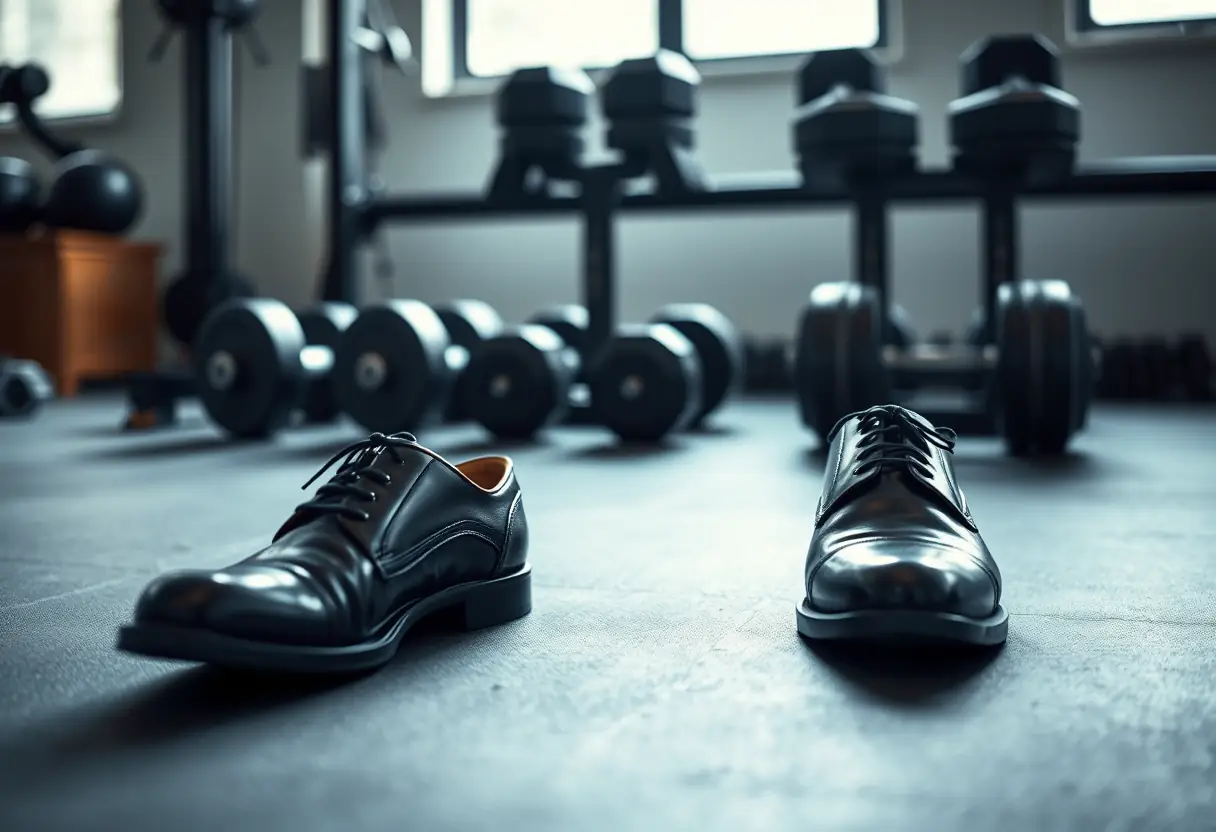 Des chaussures de cuir noires posées près de haltères dans un home gym, contexte entraînement