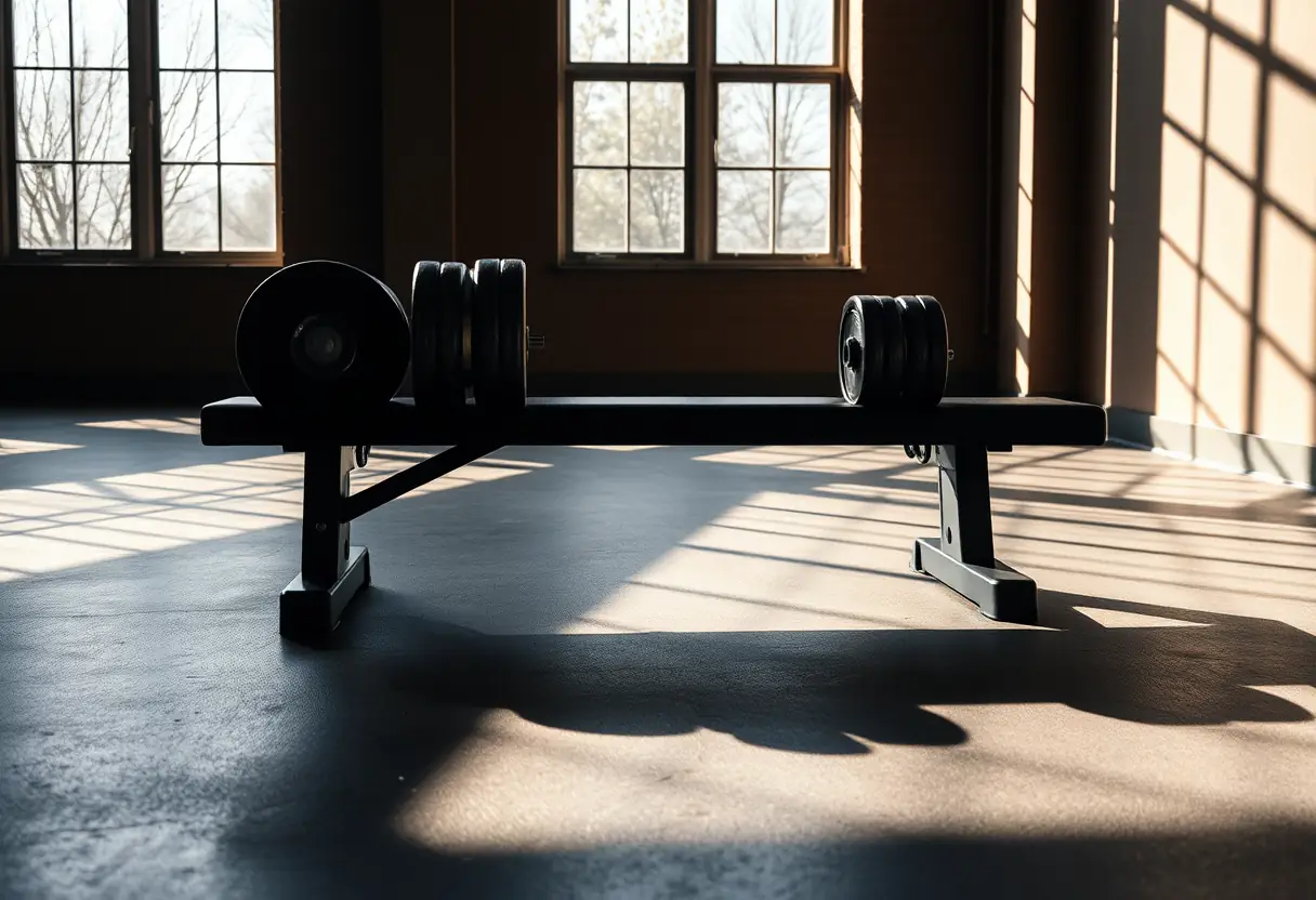 Poids métalliques sur un banc de gymnase, ombres étirées par le soleil après-midi