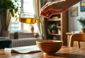 Une main verse de l'huile d'un bocal en verre dans un bol en bois dans un bureau accueillant