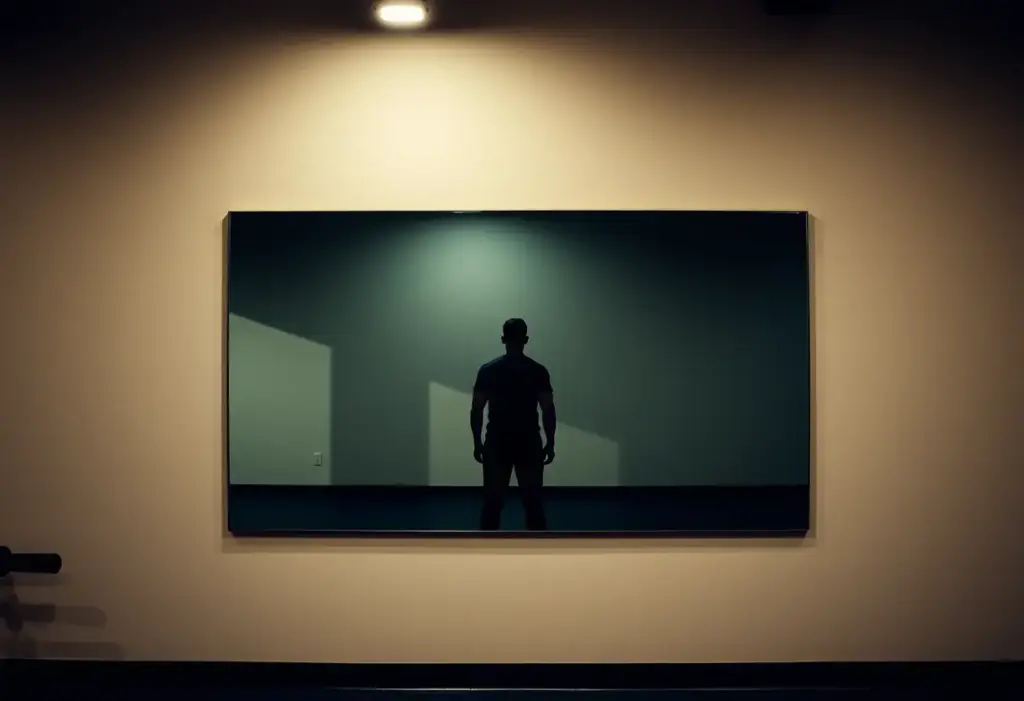 Un miroir reflétant la silhouette d'une personne dans un gymnase, utilisé dans un article sur les tatouages pour hommes.