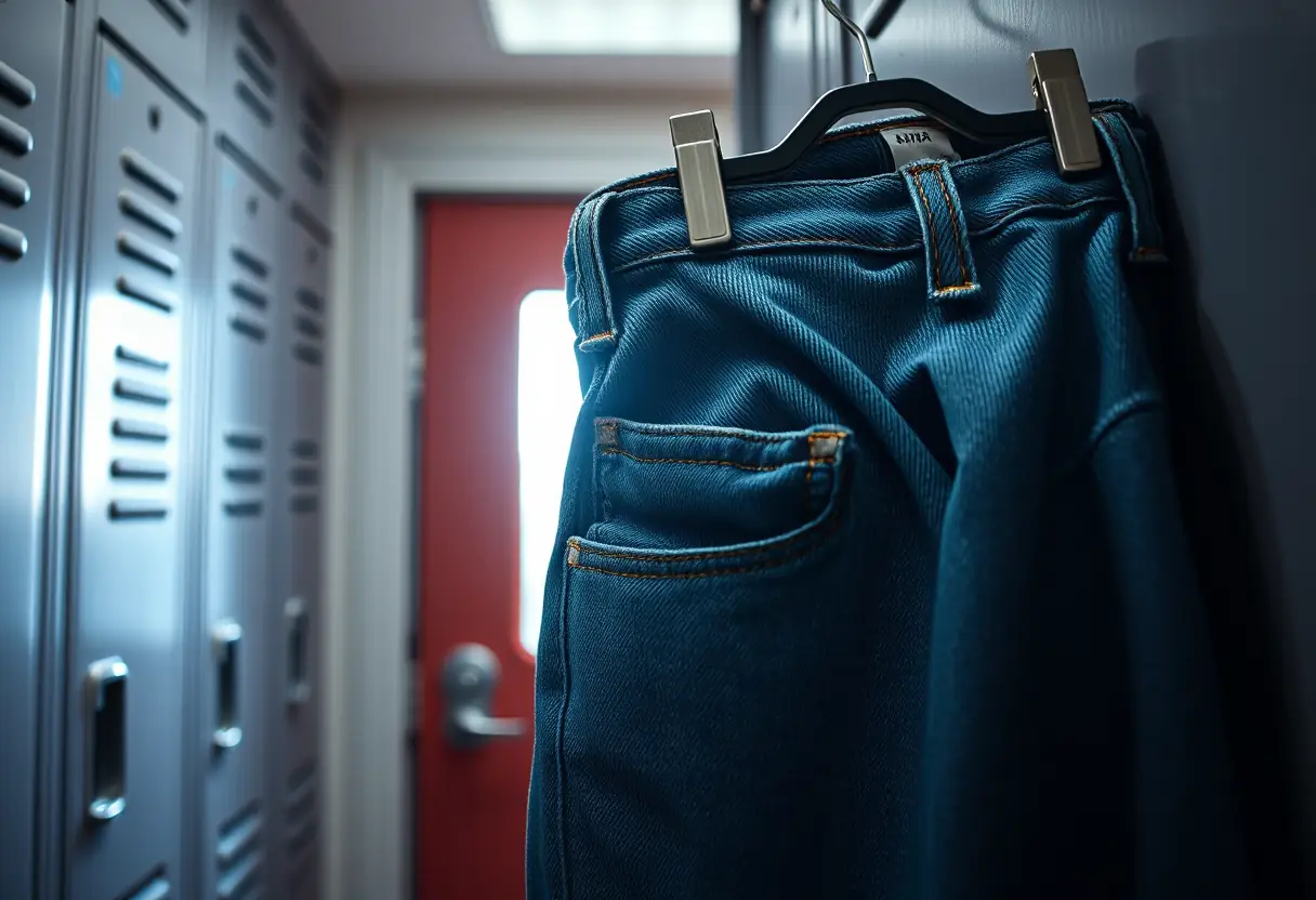 Un bouton-pression sur un pantalon accroché dans une salle de vestiaires, utilisé dans un article sur les tatouages pour hommes.