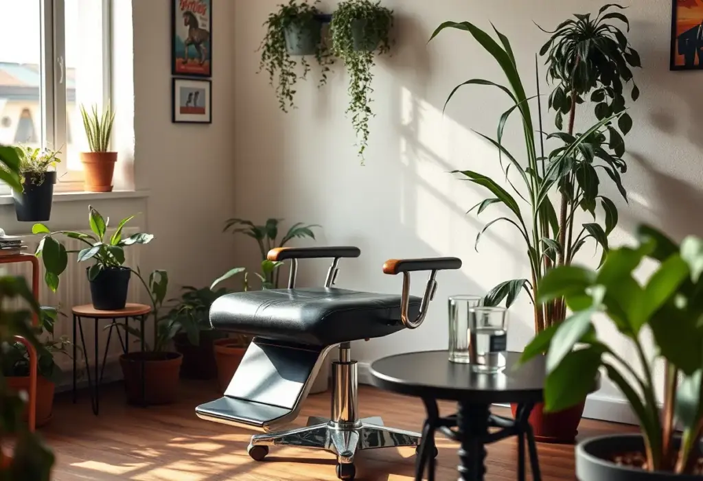 Un fauteuil dans un studio de tatouage avec des plantes et une petite table, éclairé naturellement