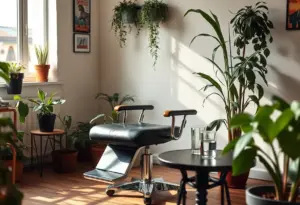 Un fauteuil dans un studio de tatouage avec des plantes et une petite table, éclairé naturellement