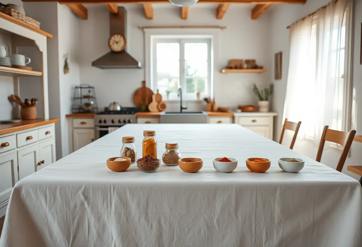 Une grande table en bois dans une cuisine, recouverte d’un linge blanc, avec des épices dans des jarres de céramique