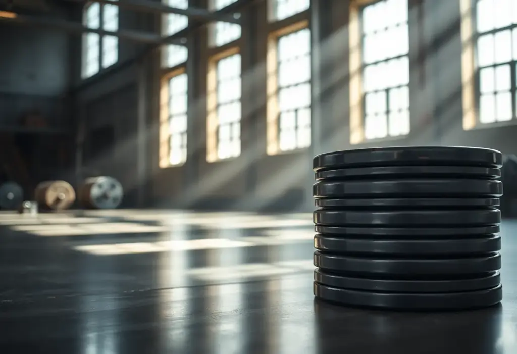 Un tas de poids de gymnase sous la lumière du jour, ombres projetées