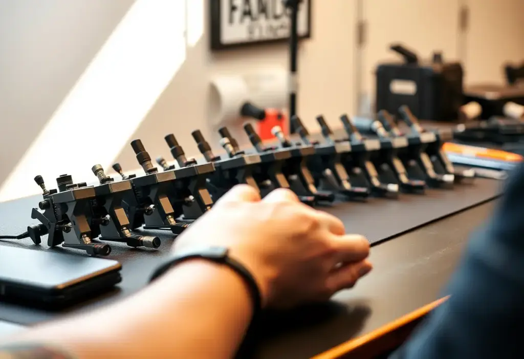 Un bureau de tatoueur avec un appui-bras en cuir et des machines à tatouer, illustration de l'art corporel et de la culture du fitness