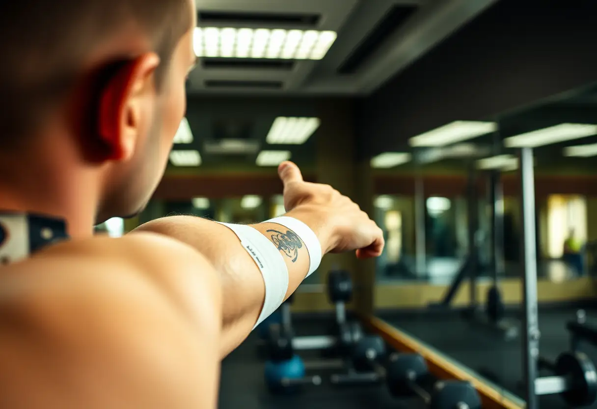 Un avant-bras tatoué d'un membre du gymnase, fitness et tatouage