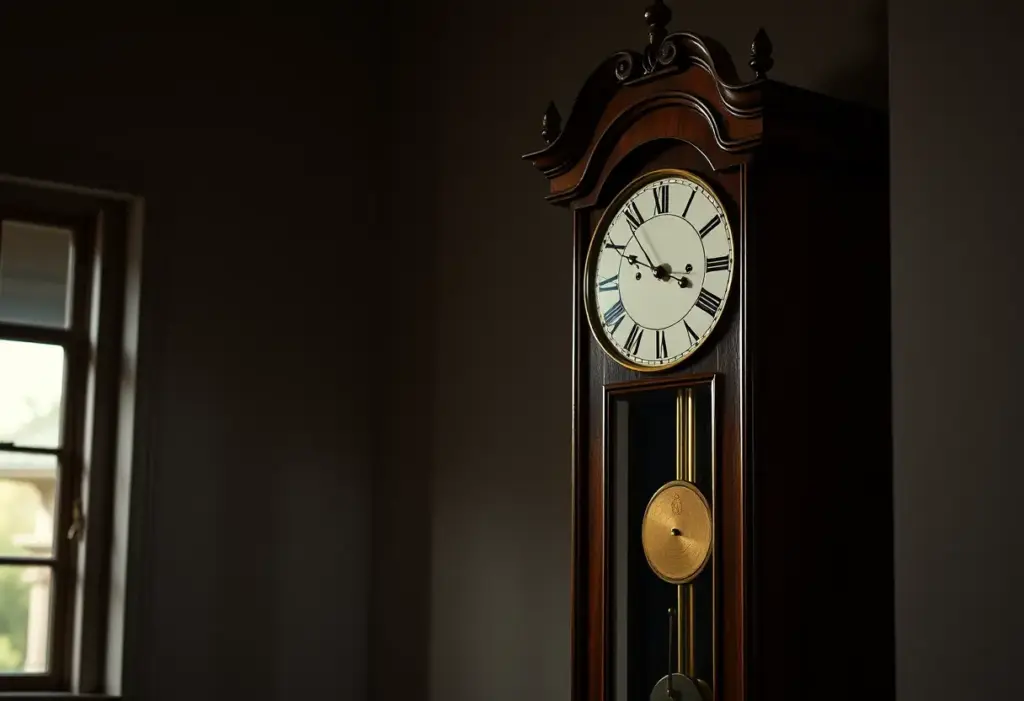 Une horloge à grand-papa dans une pièce sombre, symbolisant le temps qui passe