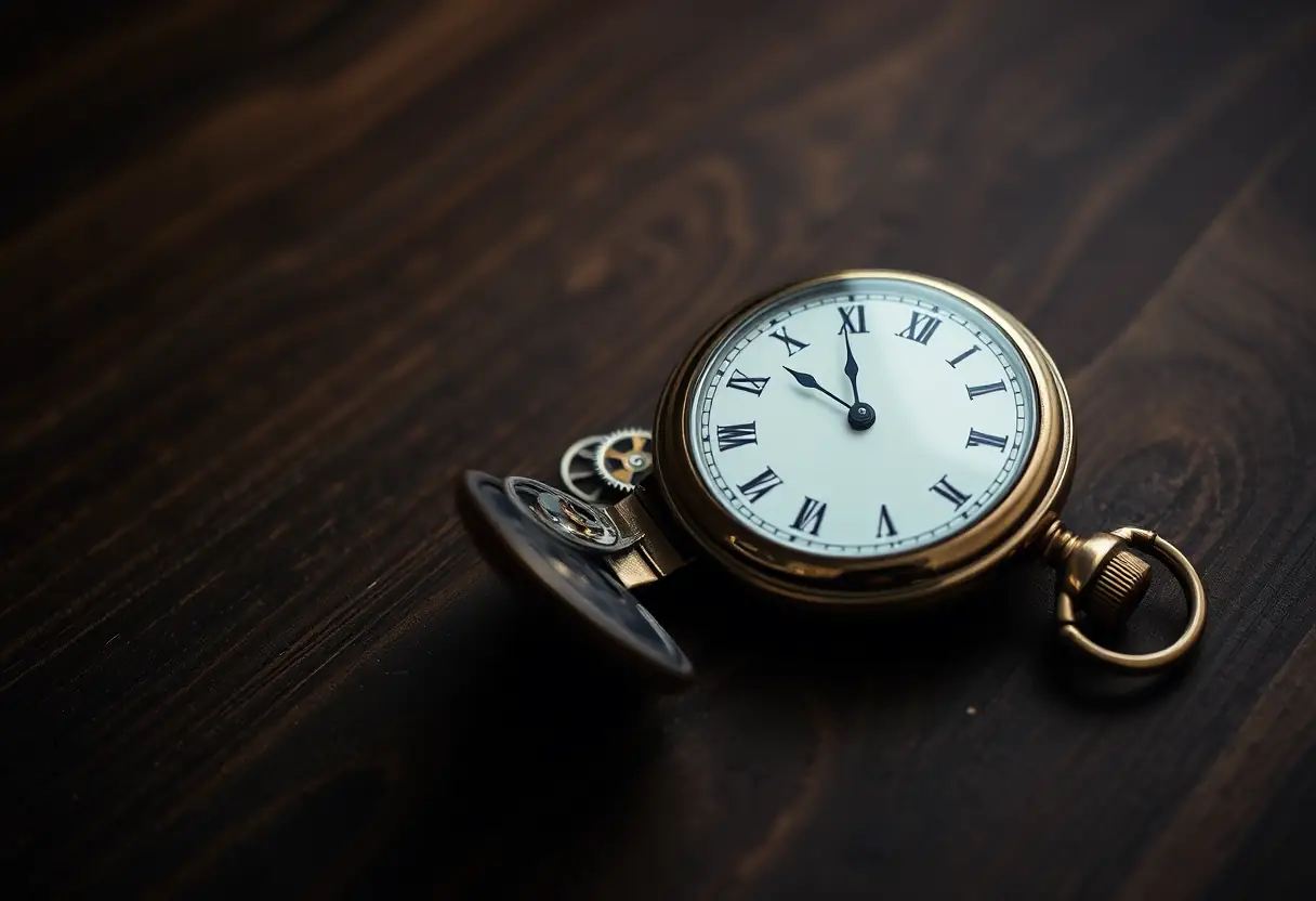 Une montre à gousset ancienne sur une table en bois, représentant la planification minutieuse de la vie