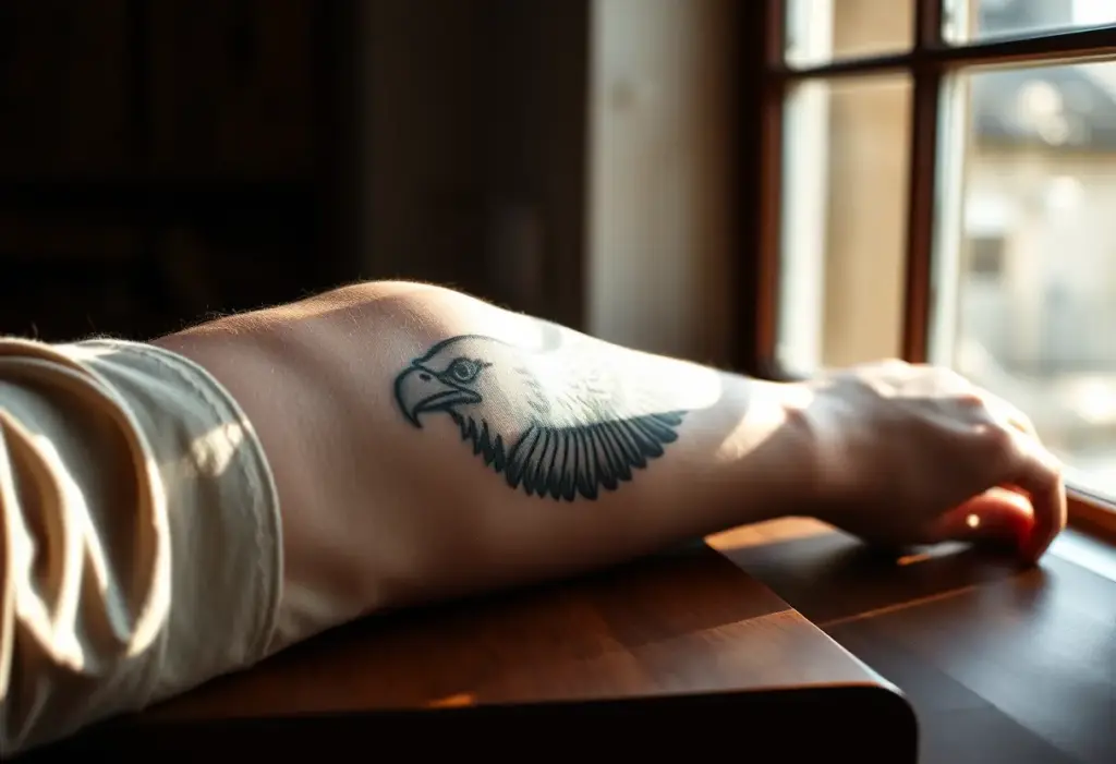 Un bras reposant sur une table en bois avec un tatouage d'aile d'aigle