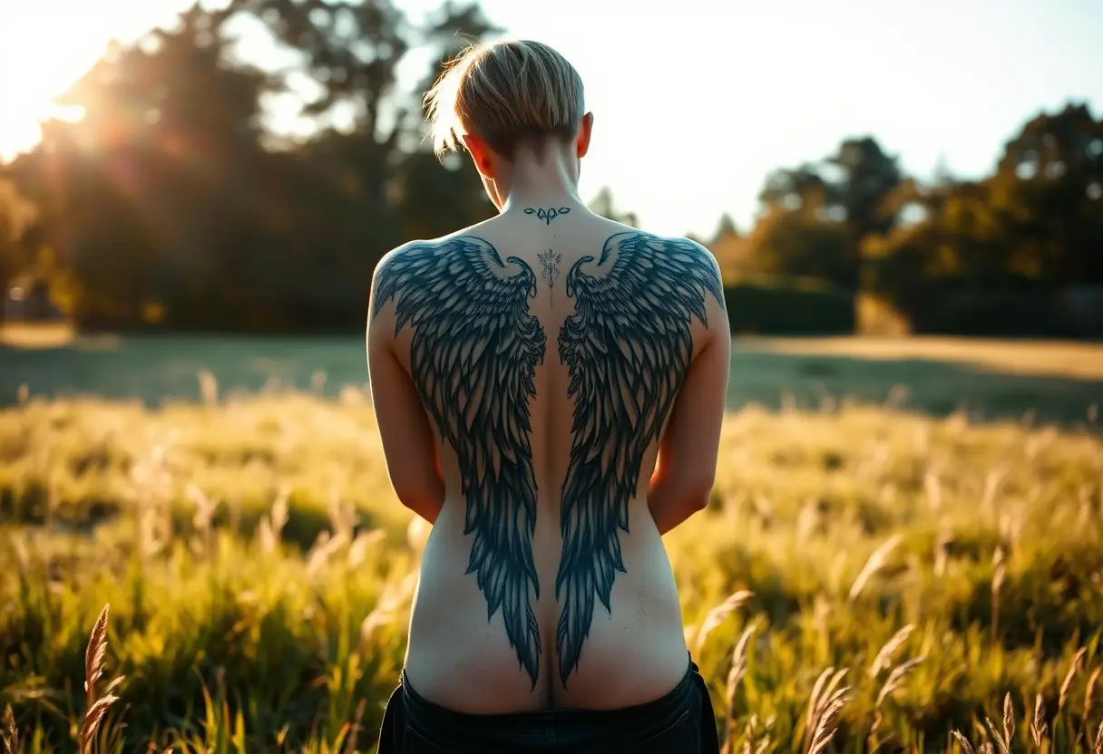 Un dos orné d'un grand tatouage d'ailes d'ange sous un soleil de plomb