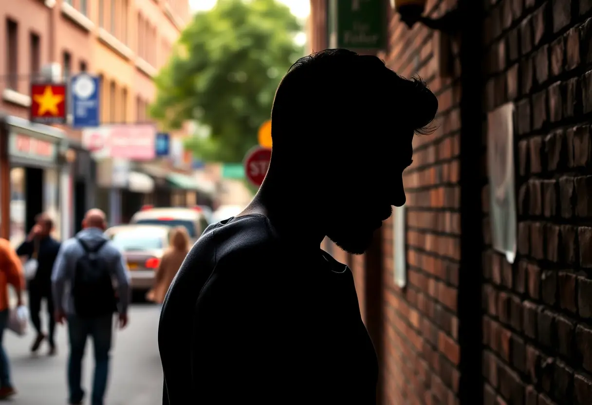 Silhouette se préparant pour un tatouage contre un mur en brique dans la rue