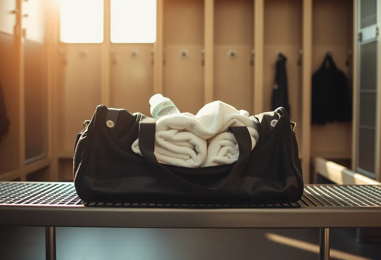Un sac de sport dans une salle de gym, contenant des serviettes et une bouteille d'eau