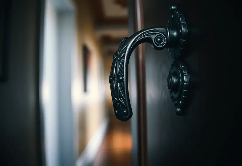 Poignée de porte métallique avec des motifs complexes, représentant les codes secrets