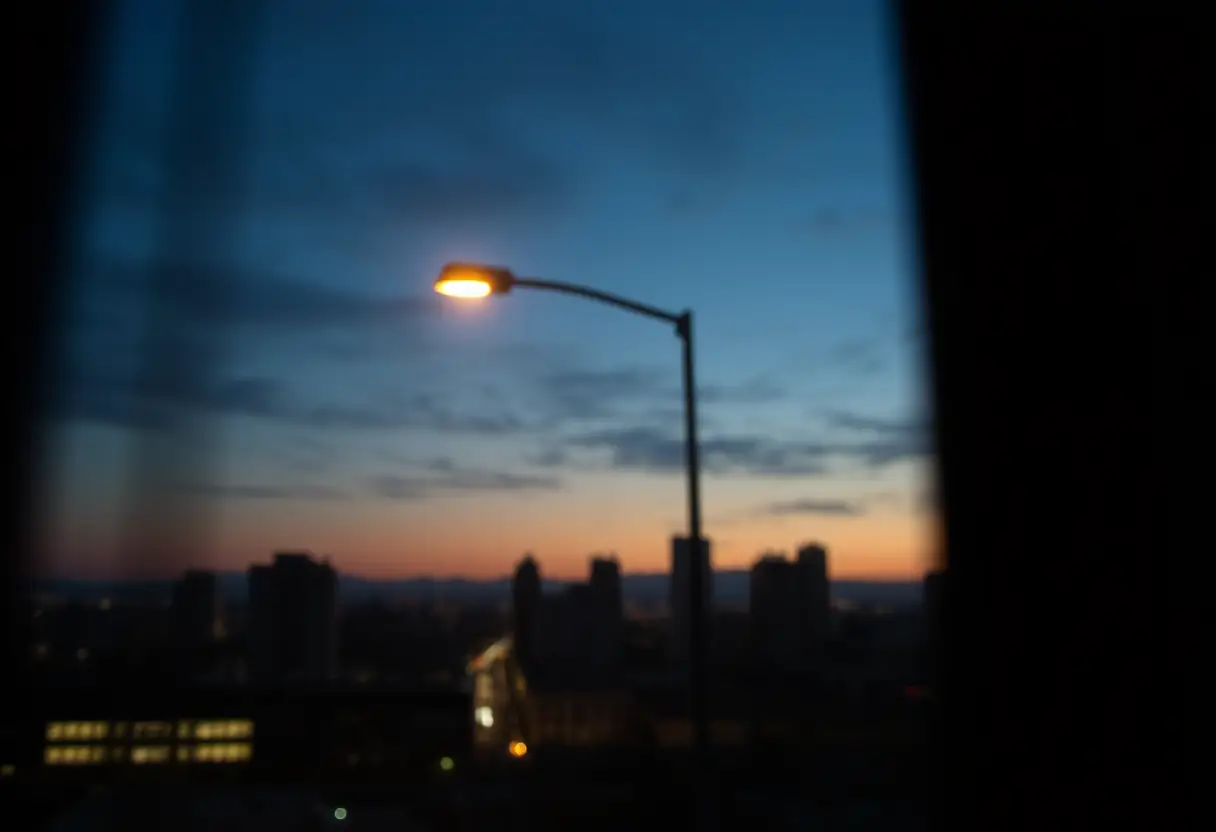 Vue floue d'une ville au crépuscule avec une seule lampe de rue, illustrant l'isolement et la complexité des symboles criminels