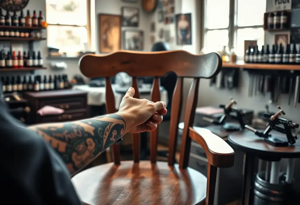 Main chair dans un studio de tatouage, lumière naturelle
