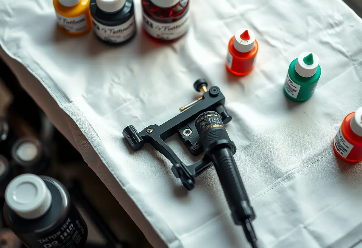 Machine à tatouer sur une table blanche avec des bouteilles d'encre, lumière naturelle