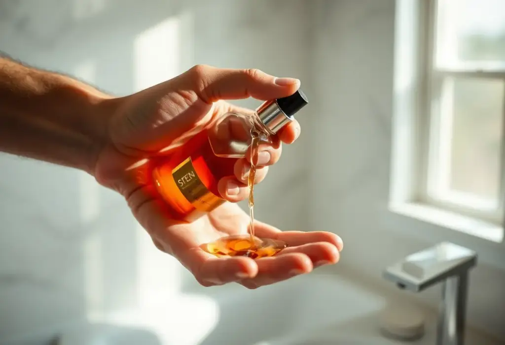 Main dehomme versant du parfum dans sa paume dans une salle de bain bien éclairée